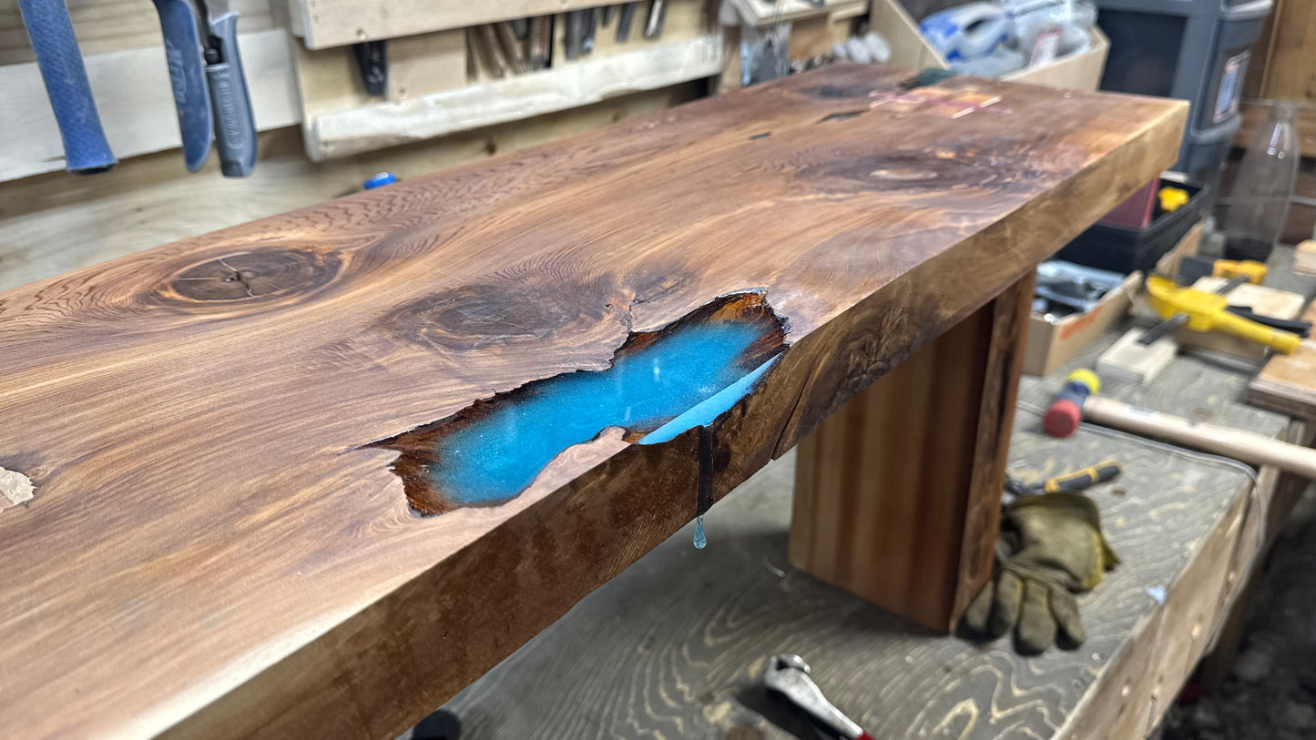 Handcrafted Live Edge Cedar Bench With Resin River *PLEASE READ DESCRIPTION* - Rustic Entryway Bench - Modern Wood Furniture - Handmade Hallway or Dining Bench.