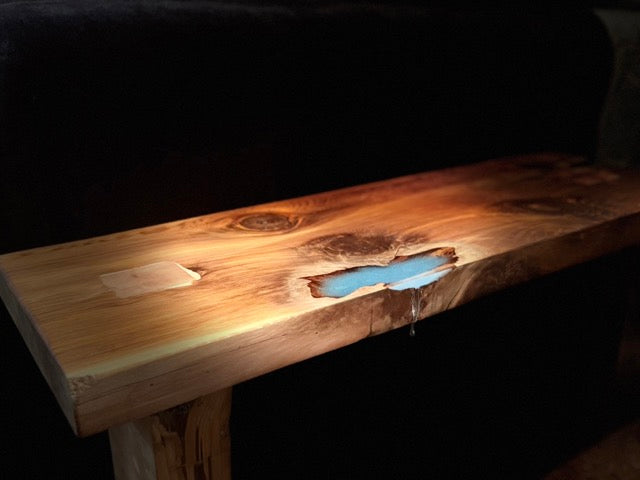 Handcrafted Live Edge Cedar Bench With Resin River *PLEASE READ DESCRIPTION* - Rustic Entryway Bench - Modern Wood Furniture - Handmade Hallway or Dining Bench.